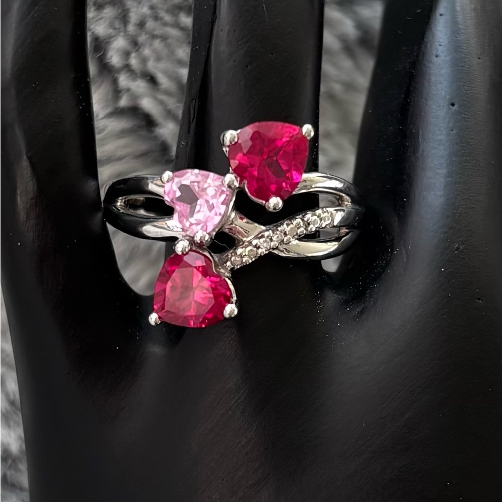 Lab Ruby & Pink Sapphire Heart Sterling Silver Ring